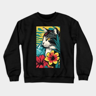 American Shorthair Cat Vibrant Tropical Flower Tall Retro Vintage Digital Pop Art Portrait 2 Crewneck Sweatshirt